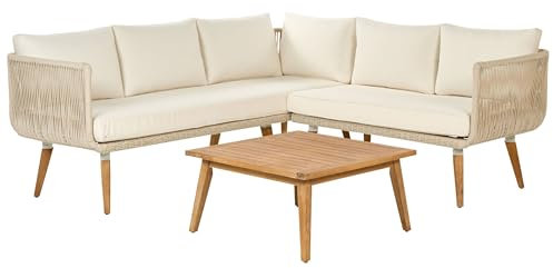 Outdoor Garden Conversation Set Rope Corner Sofa Wooden Table Beige Alcamo