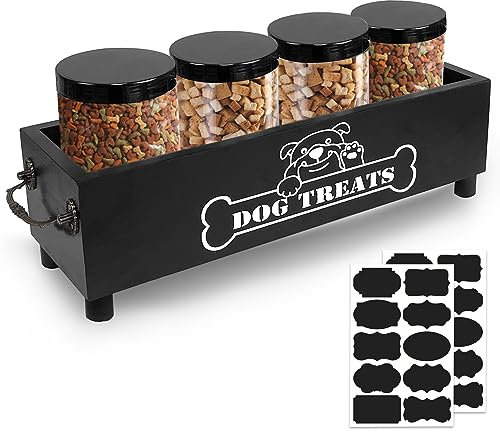 Large Dog Treats Container, Dog Cookie Jar for Cat Treats Container, Farmhouse Wood Pet Treats Storage Organizer Food Storage Container with 4 Jars, Cat Treat Organizer