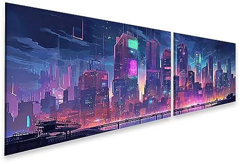 islandburner Bild auf Leinwand City Skyline Cyberpunk Neon Dunkel Aig Bilder Wandbilder Poster JCWR-2K