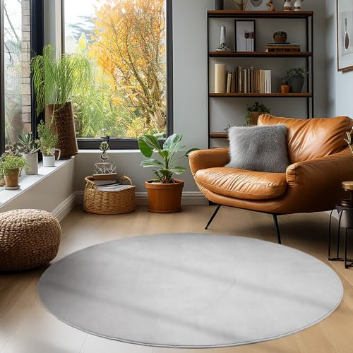 HomebyHome Kurzflor Teppich Wohnzimmer 200 cm Rund Silberfarbe - Waschbarer Teppich für Schlafzimmer, Esszimmer und Ideal als Küchenteppich - Flauschiger Teppich Weich, Einfarbig, rutschfest, Modern