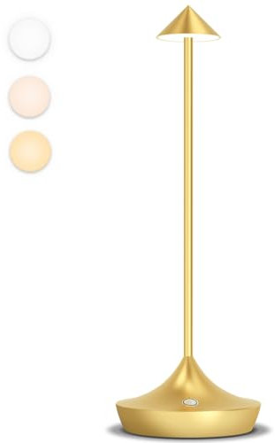 Moslumin Lampe de table sans fil rechargeable exterieur, lumiere bureau tactile LED 6000mAh, design modern, metal, étanche, dimmable, Lampe poser pour interieur, terrasse, chevet, restaurant (dorée)