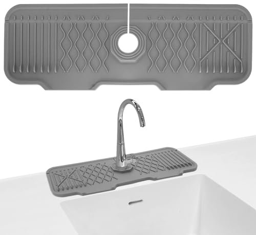 Silicone Sink Faucet Mat, 17x5.9 Inch Kitchen Sink Splash Guard, Faucet Mat Handle Drip Catcher Tray with Slope, Protects Sink and Bathroom Countertop Surface for Kitchen and Bathroom Use