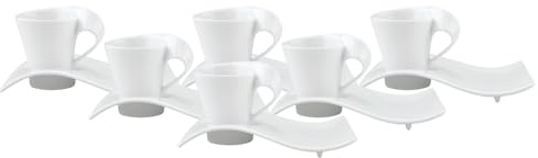 Villeroy & Boch NewWave Caffè Espressotasse mit Unterteller, 6er Set, 80 ml, Espresso-Set mit modernem Wellen-Design, Premium Porzellan, Spülmaschinenfest & Mikrowellensicher, Weiß