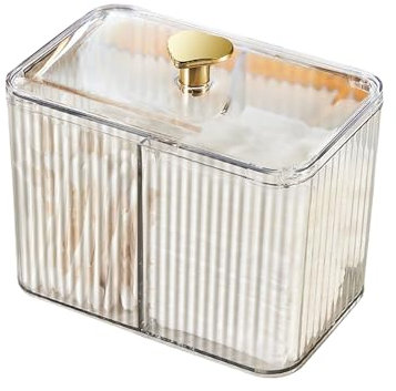 Recitem Wattestäbchen Behälter mit 3 Fächern, Acryl Wattestäbchen Behälter mit Bambusdeckel,Transparente Acryl Wattestäbchen Spender für Wattestäbchen Ohrenstäbchen Zahnseidepicks (1 Transparent)