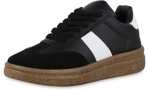 VAN HILL Damen Sneaker Low Flach Basic Bequem Schuhe 215909 Schwarz Weiss 38