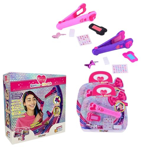 #sbabam Funny Box My Little Princess Rainbow Hairstyle, Mädchen Haarglätter Spielzeug mit Zubehör enthalten, Pack 2 Stück, Bunte Haarglätter mit Strasssteinen und Clips, Girl's Play Set 8 Jahre