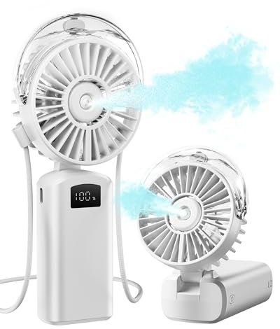 Gaiatop Portable Misting Fan, 180° Foldable Handheld Mister Fan, 2000mAh Rechargeable Spray Water Mist Fan, 3 Speed Mini Personal Fan with LED Display, Cooling Water Fan for Travel, Office, White
