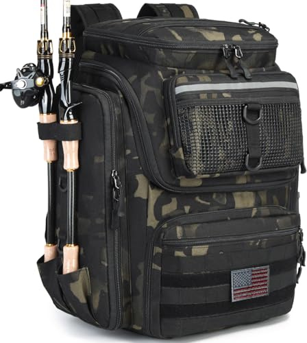 HAMBOLY Angelrucksack 45 l mit Rutenhaltern, wasserabweisender Angelrucksack für Angler, große Kapazität, Angelausrüstungstasche für Reisen, Wandern, Camping