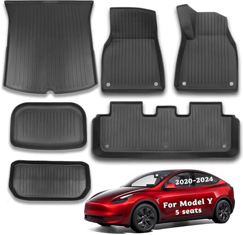CYBERBEANS 6Pcs Fit for Tesla Model Y Accessories 2020-2024 Floor Mats and Cargo Liner All-Weather TPE Boot Mats,Waterproof Anti-slip,New Version