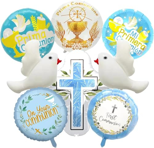 Luftballons Kommunion 8 Stück Luftballon Taufe Blau Erstkommunion Luftballon Weiße Tauben Ballon Konfirmation Kreuz Luftballons für Junge, Mädchen,Taufe