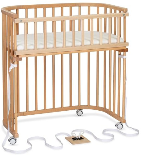 babybay Boxspring Beistellbett aus massivem Buchenholz/kompakt & verwandelbar/Kinderbett Höhe stufenlos verstellbar/mitwachsendes Babybett (Natur lackiert) / inkl. Matratze, Gitter, Rollen