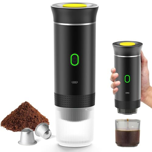 Kouamor Tragbare Espressomaschine, Tragbare Kaffeemaschine, 3 in 1 Elektrische Kaffeemaschine, Große Kapsel, Kleine Kapsel, Kaffeepulver, für Camping, Wohnmobil, Büro, Zuhause, Auto (schwarz)