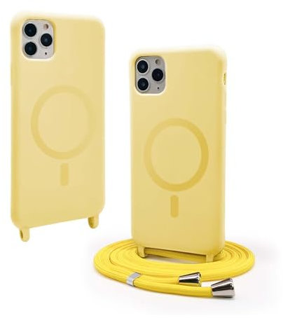 BGHHEU Silicone Coque Magnétique pour iPhone 11 Pro avec Cordon,Compatible avec MagSafe,Étui Housse Silicone avec Portable Lanyard Réglable, Jaune