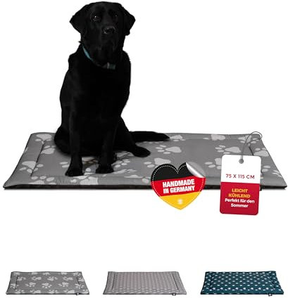 HS-Hundebett® Sommerdecke Baumwolle mit Füllung und Antirutsch L (75x115 cm) – Gepolsterte Hundedecke für den Sommer – Waschbar & Langlebig – Leichte Hunde Sommerdecke – Pfote Anthrazit, Made in DE