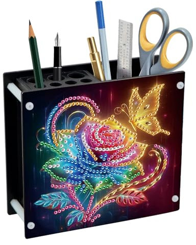DCIDBEI Peinture Diamant Organiseur de Bureau 13x12cm Diamond Painting Porte-Stylo Organisateur de Fournitures de Papeterie Gobelet Multifonctionnel pour Stylos à Bille Roses et Papillons
