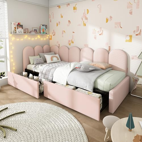 Polsterbett Tagesbett 90x190 Einzelbett mit 2 Stauraum Schubladen, Kinderbett Jugendbett Daybett Gästebett Schlafsofa Sofabett Mädchenbett Bettgestell mit Lattenrost, Ohne Matratze, Samtstoff, Rosa