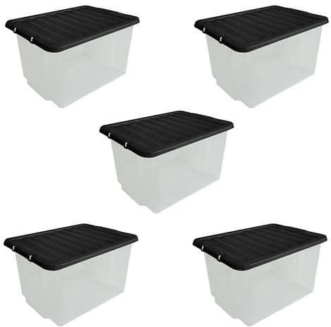 ORGANIZED® 30L Clear Plastic Storage Containers with Black Clipping Lids – Stackable and Strong - Set of 5