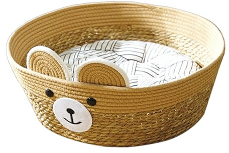 Qcbuegof Katzenbett Nest Gewebter Korb Für Hunde Und Katzen Hundekorb Nest Cartoon Bären Kissen Nest Multiple Größe Haustiermöbel