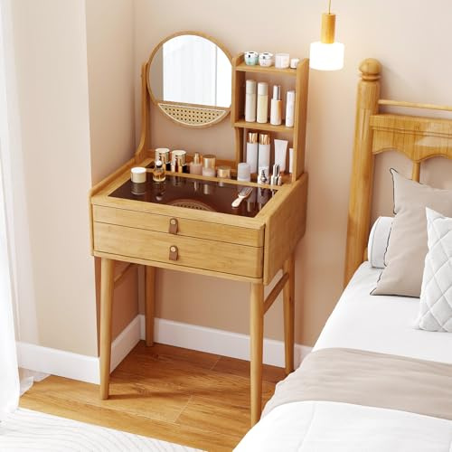 COSTWAY Petite Coiffeuse avec Miroir, Coiffeuse avec Rangement en Bambou, 2 Tiroirs, Étagères Ouvertes, Plateau en Verre, Table de Maquillage Compacte, 60 cm x 46,5 cm x 122 cm (sans Tabouret)