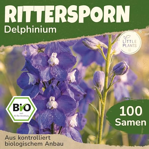 Little Plants BIO Rittersporn Samen 100 Ritterspornsamen Delphinium Blumensamen Samenfest für Blumengarten Blumen Saatgut Balkon und Garten