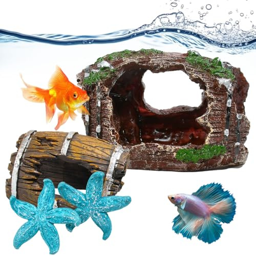 Vunanvu Aquarium Deko Höhle Set mit 2 Baumstamm & 2 Seesternen Fischversteck Simulation Moos Aquarium Dekoration für Aquarium Zubehör Terrarium Deko für Garnelenhöhle Axolotl Höhle Reptilien