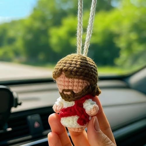 Cute Jesus Car Charm Gifts for Women, Positive Crochet Little Jesus Figures Rearview Mirror Accessory Swinging Car Ornament, Elegant Christian Religious Birthday Gift fo Mom Dad Men Friend