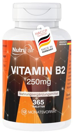 Vitamin B2 250mg – 365 tabletter à 250mg – Riboflavin – Hög dos – 100% vegansk – Tysk tillverkning och laboratorietestad – NutriFair | Premium & Fair