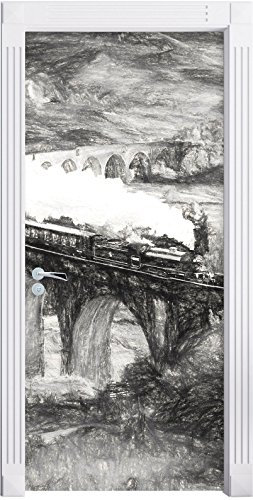 Stil.Zeit Möbel eine Dampflokomotive fährt über das Glenfinnan Viadukt Kunst Kohle Effekt als Türtapete, Format: 200x90cm, Türbild, Türaufkleber, Tür Deko, Türsticker