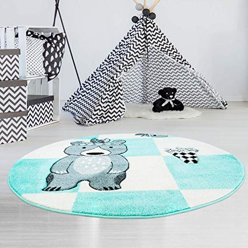 carpet city Kinderteppich Bueno Indianer-Bär Tipi Mint Türkis mit Konturenschnitt, Glanzgarn Kinderzimmer; Größe: 160 cm Rund