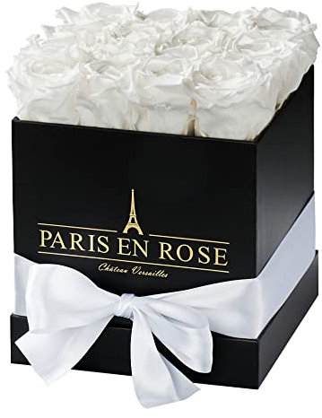 PARIS EN ROSE Rosenbox ECKIG | mit 12 weißen Infinity Rosen Größe XL | eckige, schwarze Box mit Schleife | ewige Rose | 3 Jahre haltbar | Grußkarte