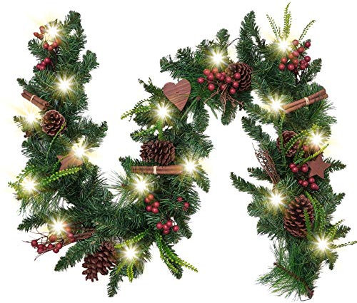 VALERY MADELYN Weihnachtsgirlande 1.8M mit 20 LED Beleuchtet batteriebetrieben Tannengirlande aus PVC Weihnachtsdeko mit Timerfunktion Holzsterne Girlande für In-/ Outdoor Grün Rot
