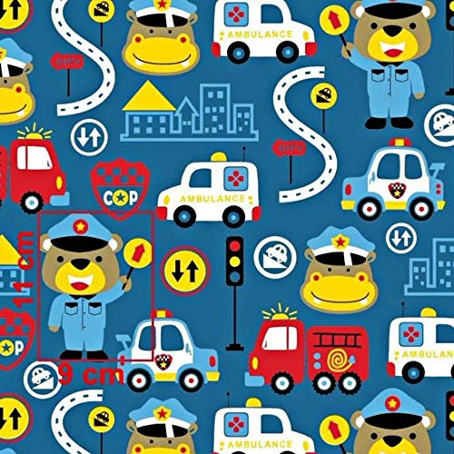 Pingianer 11,99€/m Auto Baufahrzeuge Polizei Feuerwehr 100% Baumwolle Baumwollstoff Kinder Meterware Handwerken Nähen Stoff (Bär Krankenwagen Polizei Dunkelblau, 100x160cm (11,99€/m))