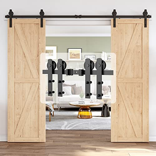 Homlux 9ft Heavy Duty Sturdy Sliding Barn Door Hardware Kit, Double Door-Smoothly and Quietly, Easy to Install and Reusable - Fit 1 3/8-1 3/4 Thickness & 27 Wide Door Panel, Black(I Shape Hanger)