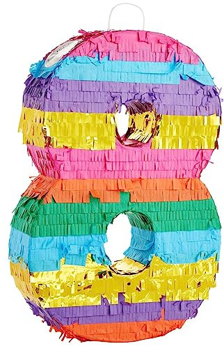 Kleine Regenbogen-Piñata für Kindergeburtstag zum 8. Geburtstag, Zahl 8, Zum Befüllen mit Süßigkeiten, Spielzeug, 29 x 16,5 x 7,5 cm