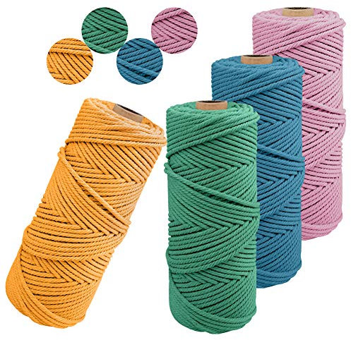 JeogYong 4 Stück Makramee Garn 2mm x 100m Naturliches Baumwollegarn Makramee-Schnur Strick Baumwolle Kordel Baumwollkordel für DIY Handwerk Basteln Stricken Wandbehang Blumenampel Pflanze (4 Farbe C)