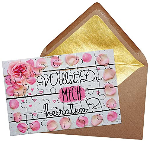 PR Print Royal Foto-Puzzle mit Rosen Motiv - Willst du Mich heiraten? - inkl. Briefumschlag mit Gold-Inlay - Geschenk Heiratsantrag, zur Hochzeit & Verlobung - 24 Teile