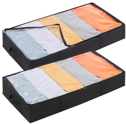 Lifewit 2 Stück Unterbett Aufbewahrungsbox mit deckel, Unterbettkommode Faltbare Unterbett Aufbewahrung Kleidung Aufbewahrungstasche für Bettdecken Kleidung Unterbett Kleiderschrank, 65L, Schwarz