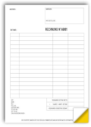Personalisierter Rechnungsblock, selbstdurchschreibend mit gelbem Durchschlag, Netto- und Bruttobetrag, MwSt. – weiß/gelb, 50 Blatt X 1
