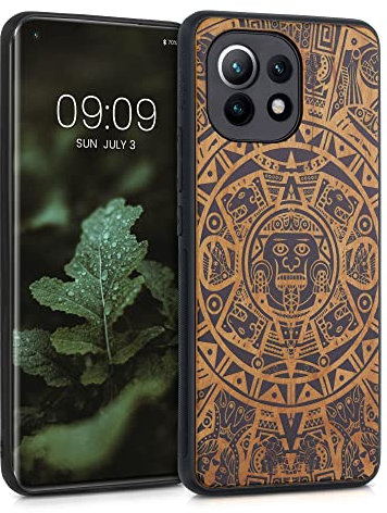kwmobile Hülle kompatibel mit Xiaomi Mi 11 Hülle - Holz Case - Handy Cover - TPU Handyhülle in Hellbraun Schwarz Maya Kalender Art