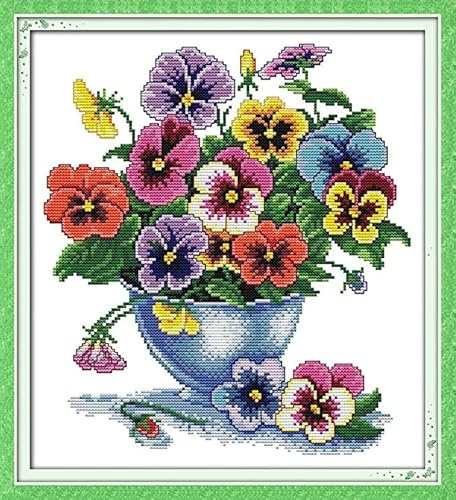 Gofission Pre Printed Cross Stitch Kits Colorful Pansy Bouquet, DIY 14 Count Stamped Embroidery Set 12.6x13.4 inch Fabric with Accessories Needlework Home Wall Decor