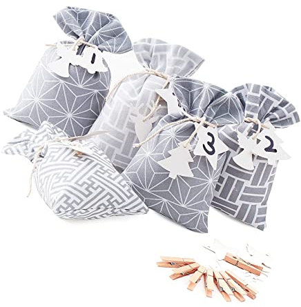 DIY Adventskalender zum Befüllen stoff, 13x19cm, 24 Stoffbeutel Kette zum selber Basteln und Aufhängen, Groß xxl Stoffsäckchen zum selberfüllen, Grau Weihnachtskalender für männer Kinder jungen