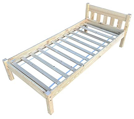 All4All Holzbett Bett Massivholz 90x200 cm FEST Bettgestell mit Lattenrost Schaumstoffmatratze Einzelbett Hotelbett Kiefernholz Natur Bettgestell Matratze Brandneu (ohne Matratze)
