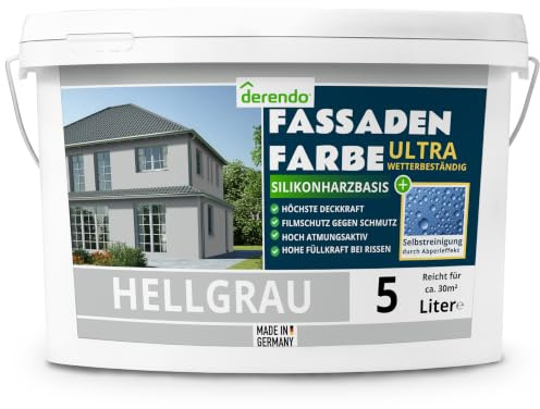 derendo Silikonharz Fassadenfarbe grau ULTRA Wetterschutz, 5l, Abperleffekt wie beim Lotus Blatt, inkl. Schutz vor Verunreinigungen durch die hochwertige Silikonharz-Beschichtung (Hellgrau)