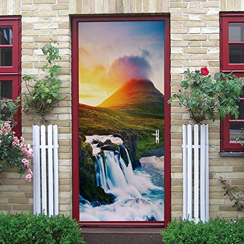 stickers paroi de douche 77x200cm(30.31 inches * 78.74 inches)Cascade coucher de soleil Papier Peint Porte Trompe l'oeil pour Salon Chambre Décoration De La Maison Stickers Muraux Imperméable Stickers