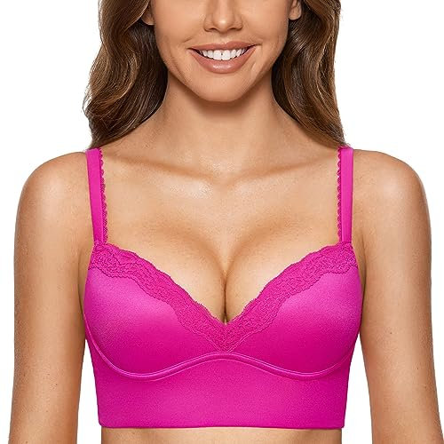 DOBREVA Femme Soutien-Gorge sans Armatures Rembourré Push Up Triangle Bralette en Dentelle Rose Pailleté 95A