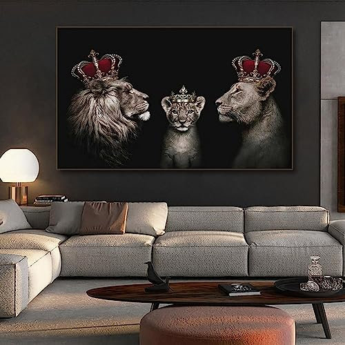 MHLCMG Couronne Lions Affiche Abstrait Noir Blanc Famille de Lions Toile Tableau Art Peintures Decoration Murale pour Salon Chambre Tableau Decoration, sans Cadre (70X100CM)