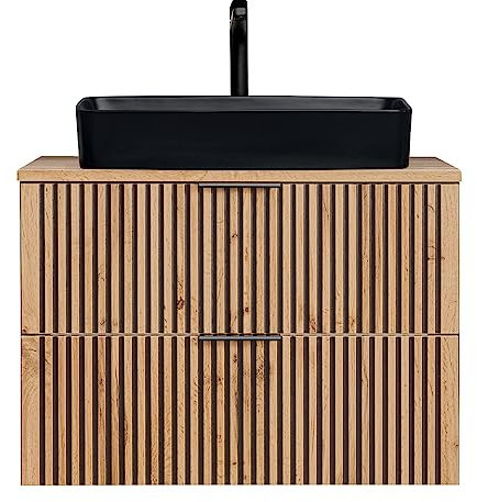 Lomadox Badmöbel Waschtisch Unterschrank 80 cm mit Aufsatzwaschbecken anthrazit Eiche Nb. Rillen schwarz Waschbecken schwarz matt B/H/T 80,6/70,2/46,5 cm