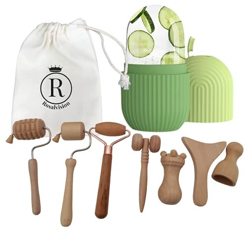 Ensemble complet de 7+1 Masseurs du visage - 3 rouleaux faciaux - Gua sha-Champignon Massage Visage-Massage Visage Contour des Yeux - Coupe suédoise du visage