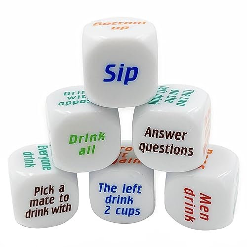 Wilitto 6 x Trinkspiel-Würfel, Anleitung auf jedem Gesicht, lustiges Partyspiel, Junggesellinnenabschied, Heimwürfel, Trinkwürfel, Partyzubehör, Acryl-Würfel, Spiele für Siebe, Schnapsspiele für