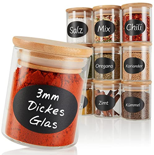 CLIDOR ® - runde Gewürzgläser - 12 x 125 ML (innovative 3mm Glasdicke) luftdichte Gewürzdosen - stapelbare Gewürzbehälter mit Bambusdeckel - Spice Jars - ideal für Gewürzaufbewahrung (12er Set rund)